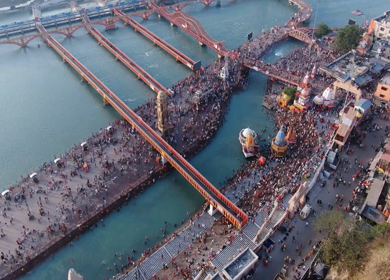 1st April 2021:  An aerial shot crowd of people at Kumbh Mela in Haridwar,Uttarakhand,India