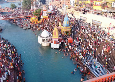 1st April 2021:  An aerial shot crowd of people at Kumbh Mela in Haridwar,Uttarakhand,India