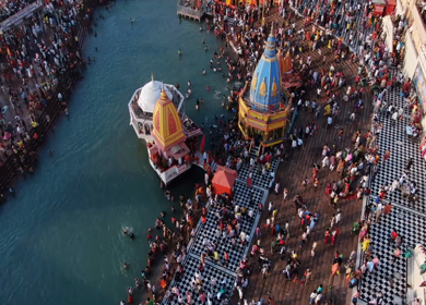 1st April 2021:  An aerial shot crowd of people at Kumbh Mela in Haridwar,Uttarakhand,India