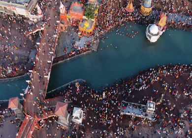An aerial shot of people enjoying  at Kumbh Mela in Haridwar,India