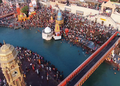 1st April 2021:  An aerial shot of people at Kumbh Mela in Haridwar,Uttarakhand,India