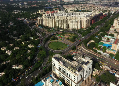 An aerial shot of the flyover with running traffic in New Delhi, India