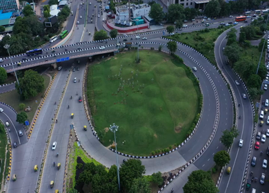 An aerial shot of the flyover with running traffic in New Delhi, India