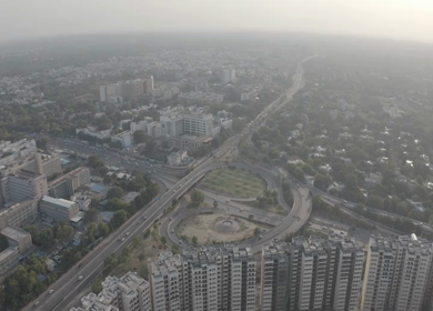 An aerial shot of the AIIMS flyover during COVID-19 lockdown in New Delhi, India