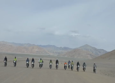 A Shot of Adventure Bikers Group in Cold Desert Landscape of Ladakh India