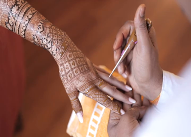 A Slow Motion Shot of Applying Mehndi on Bride's hand at her Indian Wedding in India