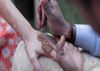 A Slow Motion Shot of Applying Mehndi on Bride's hand at her Indian Wedding in India