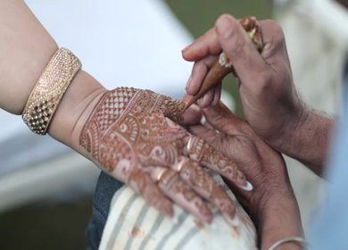 A Slow Motion Shot of Applying Mehndi on Bride's hand at her Indian Wedding in India