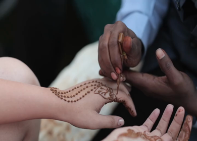 A Slow Motion Shot of Applying Mehndi on Bride's hand at her Indian Wedding in India