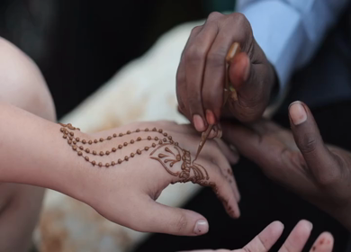 A Slow Motion Shot of Applying Mehndi on Bride's hand at her Indian Wedding in India