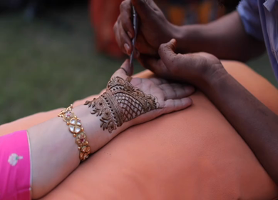 A Slow Motion Shot of Applying Mehndi on Bride's hand at her Indian Wedding in India