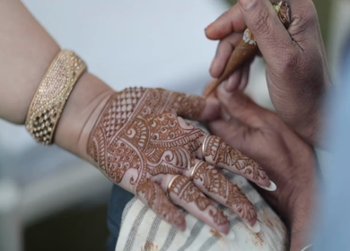 A Slow Motion Shot of Applying Mehndi on Bride's hand at her Indian Wedding in India