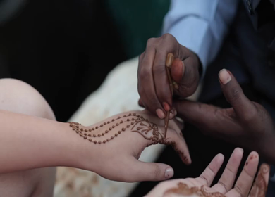 A Slow Motion Shot of Applying Mehndi on Bride's hand at her Indian Wedding in India