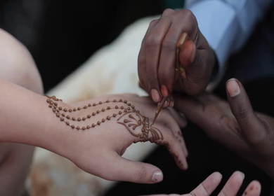 A Slow Motion Shot of Applying Mehndi on Bride's hand at her Indian Wedding in India