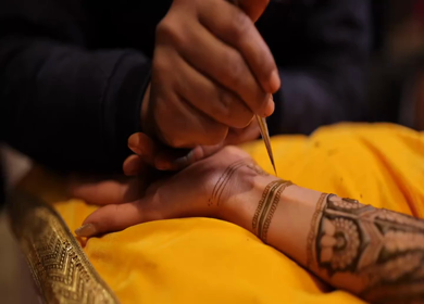A Slow Motion Shot of Applying Mehndi on Bride's hand at her Indian Wedding in India