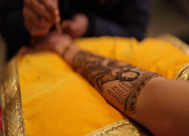 A Slow Motion Shot of Applying Mehndi on Bride's hand at her Indian Wedding in India