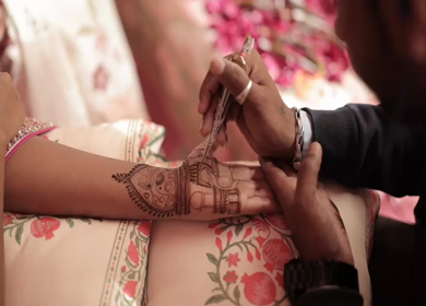 A Slow Motion Shot of Applying Mehndi on Bride's hand at her Indian Wedding in India