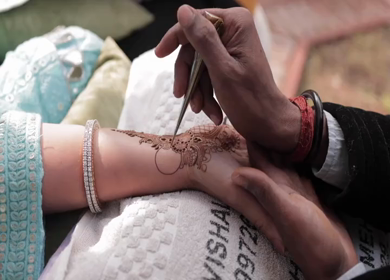 A Slow Motion Shot of Applying Mehndi on Bride's hand at her Indian Wedding in India