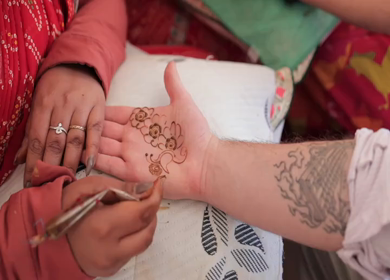 A Slow Motion Shot of Applying Mehndi on Bride's hand at her Indian Wedding in India