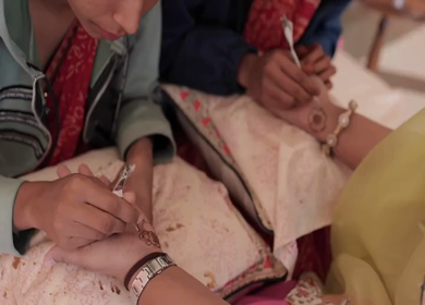 A Slow Motion Shot of Applying Mehndi on Bride's hand at her Indian Wedding in India