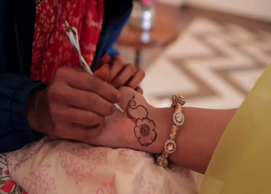 A Slow Motion Shot of Applying Mehndi on Bride's hand at her Indian Wedding in India