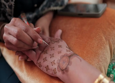A Slow Motion Shot of Applying Mehndi on Bride's hand at her Indian Wedding in India