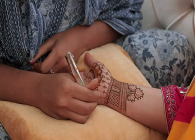 A Slow Motion Shot of Applying Mehndi on Bride's hand at her Indian Wedding in India
