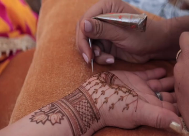 A Slow Motion Shot of Applying Mehndi on Bride's hand at her Indian Wedding in India