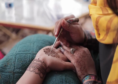 A Slow Motion Shot of Applying Mehndi on Bride's hand at her Indian Wedding in India
