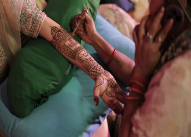 A Slow Motion Shot of Applying Mehndi on Bride's hand at her Indian Wedding in India