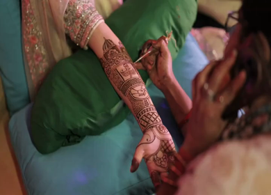A Slow Motion Shot of Applying Mehndi on Bride's hand at her Indian Wedding in India