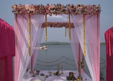 A Shot of Beach Wedding Venue Decoration with Floral Drapes in Goa India