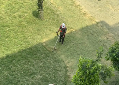 A Shot of Ground worker cutting grass with brush cutter machine in park