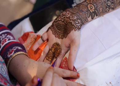A Slow Motion Shot of a girl getting Mehndi applied on her hand at an Indian Wedding