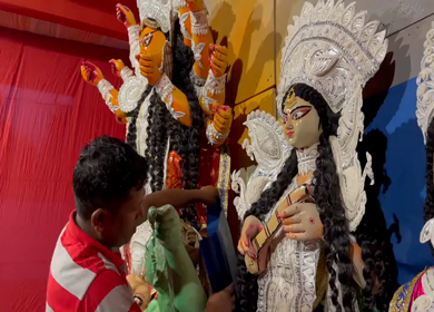 28th September 2025 : A Shot of Workers Decorating Durga Puja Pandal with Idols in India