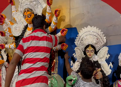 28th September 2025 : A Shot of Workers Decorating Durga Puja Pandal with Idols in India