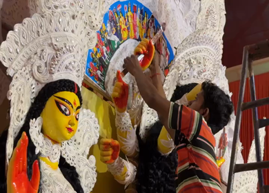 28th September 2025 : A Shot of Workers Decorating Durga Puja Pandal with Idols in India