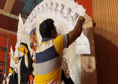 28th September 2025 : A Shot of Workers Decorating Durga Puja Pandal with Idols in India