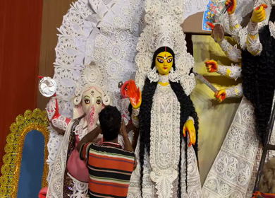 28th September 2025 : A Shot of Workers Decorating Durga Puja Pandal with Idols in India