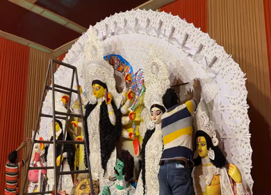 28th September 2025 : A Shot of Workers Decorating Durga Puja Pandal with Idols in India