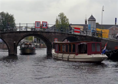 20th March 2026 : A Slow Motion Shot of Boat and Bridge from boat in Canal Amsterdam