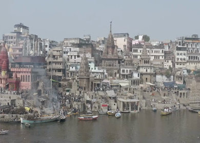 An Aerial shot of Funeral taking place at Ganga Ghat Varansi, Uttar Pradesh,India