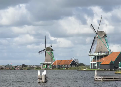 A Slow Motion Shot of Traditional Dutch Windmills in Amsterdam