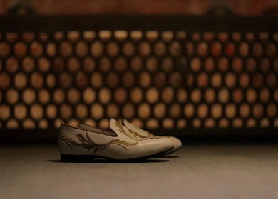 A Slow motion shot of an Indian Groom wearing his jutti at his Indian Wedding