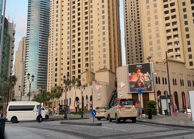 30 March 2023 : A Timelapse Shot of People and Traffic at Jumeirah Beach Residence- JBR at Dubai,UAE 