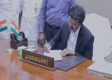 10th May 2026 : Actor Vijay signing first official document after oath ceremony as Chief Minister of Tamil Nadu India