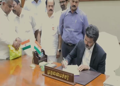10th May 2026 : Actor Vijay signing first official document after oath ceremony as Chief Minister of Tamil Nadu India