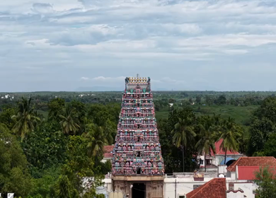 Aerial Dolly Zoom Shot of Ariyakkudi Thiruvengadamudaiyan Temple Gopuram Tamil Nadu