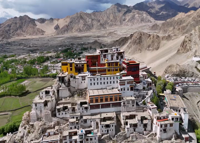 Aerial Dolly Zoom of Thiksey Monastery and Indus Valley in Ladakh India