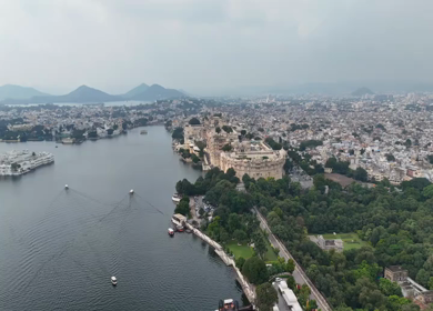 Aerial Drone Shot of City Palace, Udaipur, Rajasthan, India